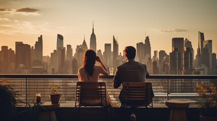 The couple enjoys a romantic evening, savoring the city skyline view from a rooftop restaurant, creating memories amidst the bustling urban landscape.