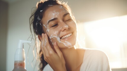 Woman is applying facial foam to cleanse her skin, removing impurities and leaving it fresh, smooth, and rejuvenated for a healthy complexion. - obrazy, fototapety, plakaty