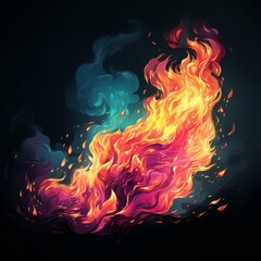 The image shows a fiery fireball with shades of fuchsia, orange, red, and yellow. The fire has a blue smoke outline and is isolated on a black background. - obrazy, fototapety, plakaty