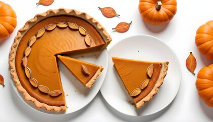 sweet pumpkin pie with pumpkin slices in a ceramic mold - obrazy, fototapety, plakaty