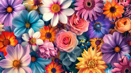 A variety of vibrant and colorful flowers beautifully arranged on a wall, creating a stunning visual display