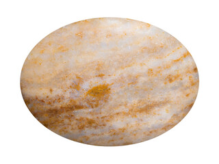 close up of sample of natural stone from geological collection - cabochon from polished travertine mineral isolated on white background