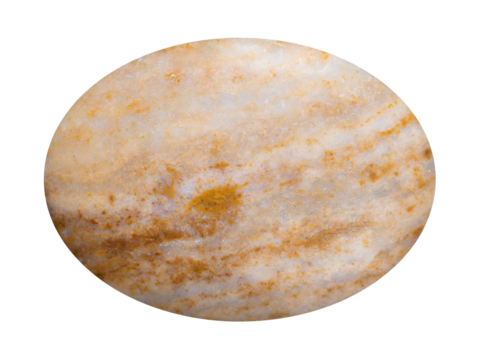 close up of sample of natural stone from geological collection - cabochon from polished travertine mineral isolated on white background