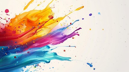 Multicolored paint splashes across a pristine white surface, creating a vivid and dynamic visual impact