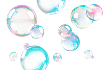 Soap bubbles falling, isolated on a transparent background close-up. Flying soap bubbles of different sizes. Colorful transparent soap bubble, graphic design element, overlay.