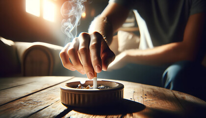 Person's hand stubbing out a cigarette in an ashtray, symbolizing the decision to quit smoking. - obrazy, fototapety, plakaty