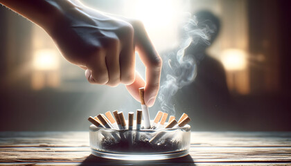Person's hand stubbing out a cigarette in an ashtray, symbolizing the decision to quit smoking.