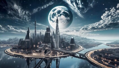 science fiction, city, metropolis and technology; sky with the moon