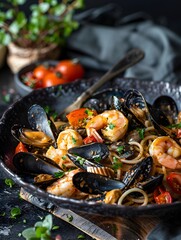 Exquisite Seafood Spaghetti Feast in Dramatic Black Backdrop