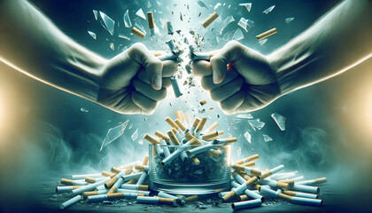 Hand breaking a cigarette in half over an ashtray filled with crushed cigarettes.