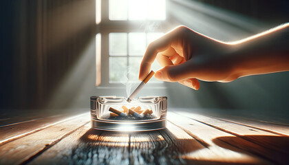 Hand stubbing out a cigarette in a glass ashtray on a wooden table. - obrazy, fototapety, plakaty
