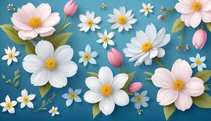 Beautiful spring flowers on a blue background. Floral illustration for card, invitation, poster, fashion, print, wedding or greeting.