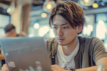 Young asian man using tablet computer in coffee shop