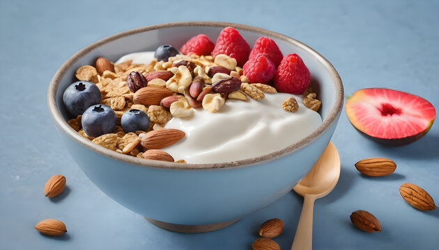 Breakfast bowl of wholegrain cereal, yogurt, fresh fruit and nuts on a pale blue textured background with copyspace.