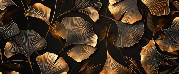 Wallpaper featuring intricate gold leaves on a black background, creating a luxurious and elegant design for interior decor