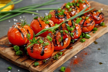 Board with tasty grilled tomatoes and green onion, onion, and tasty grilled tomatoes