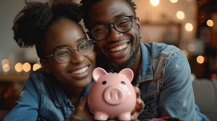 Close up of joyful couple, savings in piggy bank for a simple house. - obrazy, fototapety, plakaty