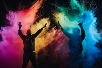 Fototapeta premium Silhouette of people figures joyfully tossing vibrant colored powders into the air, Holi festival and creativity concept.