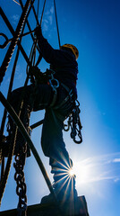 Industrial climber on the tower against a background of sky and clouds