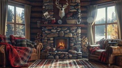 Obraz na płótnie Canvas A cozy cabin living room with a stone fireplace, plaid blankets, and animal-themed decor reflecting the natural surroundings.