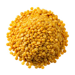 Heap of yellow lentils isolated on transparent background. Top view.