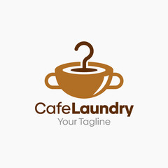 Illustration Vector Graphic Logo of Cafe Laundry. Merging Concepts of a Hanger Fashion and cup of Coffee Shape. Good for Fashion Industry, Business Laundry, Boutique, Garment, Tailor and etc