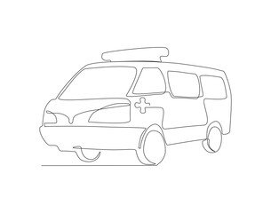 Continuous Line Drawing Of Ambulance Van. One Line Of Paramedic Van. Ambulance Continuous Line Art. Editable Outline.