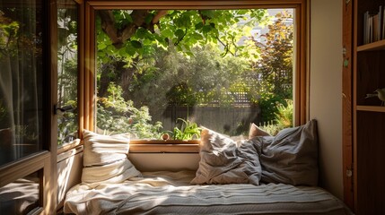 A cozy corner nook with a built-in window seat, soft throw pillows, and a view of the garden outside.