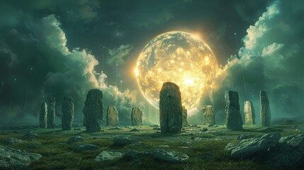 Atmosphere: A mysterious glowing orb floating above an ancient stone circle