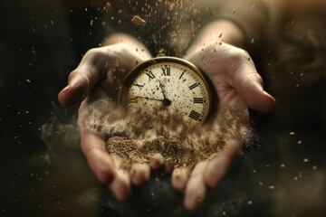 Clock is dissolve in to dust in hands, running out of time concept. - obrazy, fototapety, plakaty