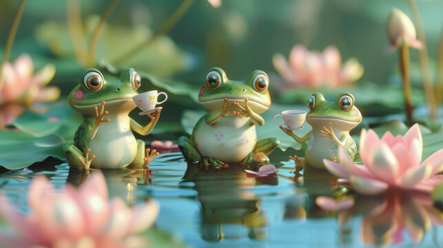 Frongs meeting tea party in a pond with lotus,The scene is peaceful and serene, with the frogs enjoying a moment of relaxation