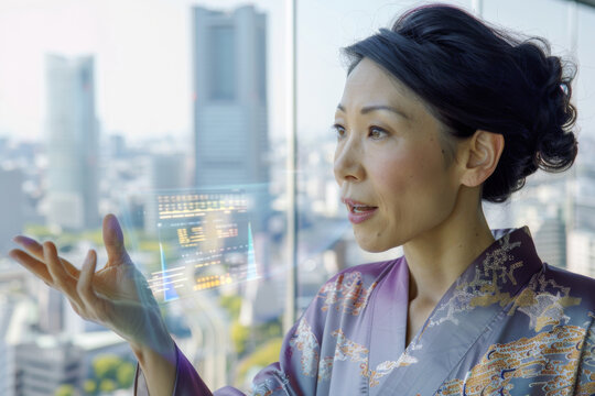 Asian businesswoman looking at the stock market on the window of a skyscraper.
