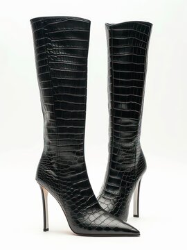 Pair of black crocodile leather knee high boots on white background.