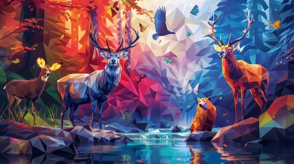 Geometric low poly backdrop features animals in colorful ecosystem