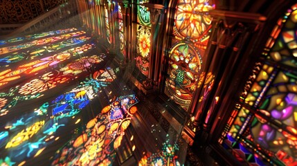 A decorative stained glass window casting a kaleidoscope of colors across the room, its intricate designs telling stories of the past.