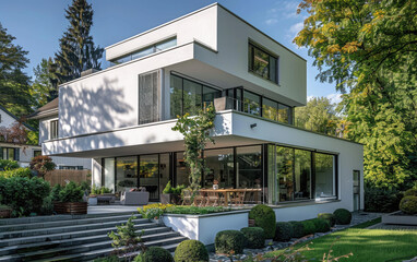 A photo of the exterior front view of a modern house in white with black windows, a wooden terrace and garden with green grass