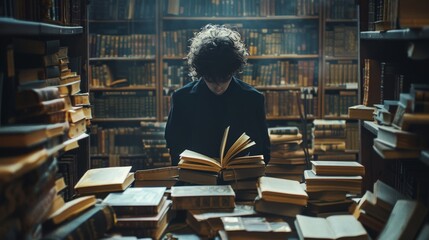 Knowledge: A scholar in a library, surrounded by ancient manuscripts and scrolls - obrazy, fototapety, plakaty