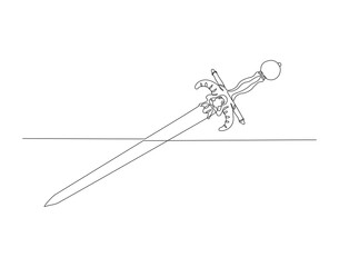 Continuous Line Drawing Of Sword. One Line Of Sword. Blade Continuous Line Art. Editable Outline.