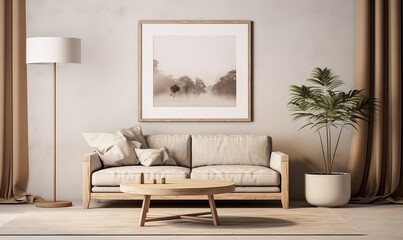 Living room space with brown sofa, beige carpet, lamp, plant, and coffee table. Cozy decor includes a pouf, mock-up poster frame, and decorations.