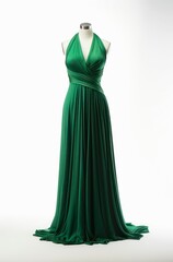 Emerald green evening dress on a female mannequin on white background.