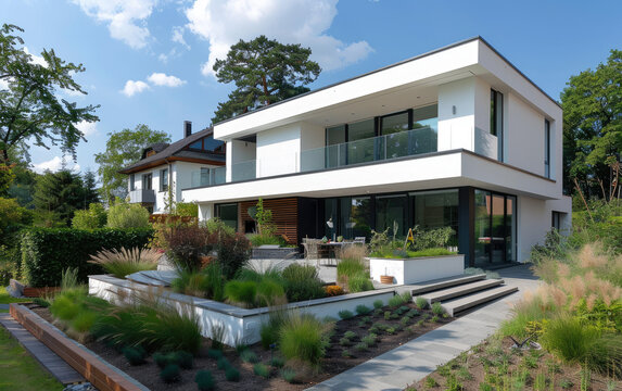 A photo of the exterior front view of a modern house in white with black windows, a wooden terrace and garden with green grass