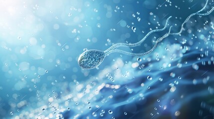 Icy sperm cell in blue with dynamic motion. - obrazy, fototapety, plakaty