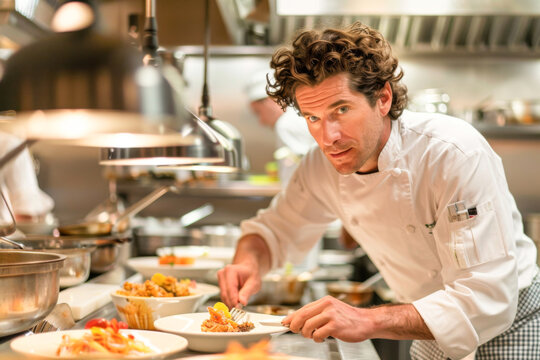 Handsome chef preparing food in the kitchen of a restaurant or hotel
