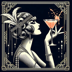 Flapper girl holding cocktail glass with splash. Art deco, 1920 s style vintage invitation template design for drink list, bar menu, glamour event, wedding, jazz party flyer. Vector art.