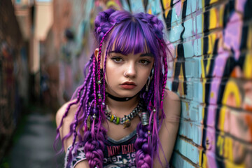 young beautiful hipster girl with purple dreadlocks posing in the city
