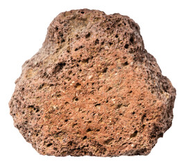 close up of sample of natural stone from geological collection - unpolished brown lava stone isolated on white background