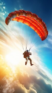 Skydiver with a red parachute against a dramatic sky, vertical orientation, blur, soft light
Concept: thrill, exploration, adventure