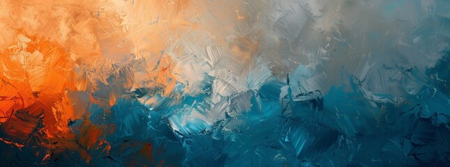 An abstract painting featuring vibrant blue and orange colors layered in dynamic swirls and shapes
