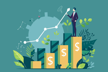 Economic growth forecast, GDP prediction or business vision to grow investment or business, increase profit or earning improvement concept, businessman look on telescope on growth chart diagram