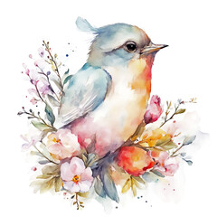 Bird in flowers watercolor illustration